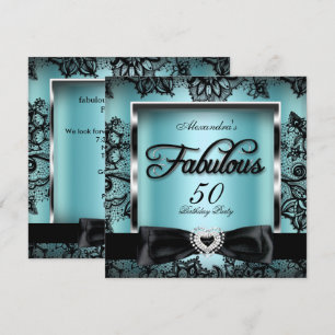 Convite Fabuloso 50 Festa Azul Teal Damasco Preto Renda