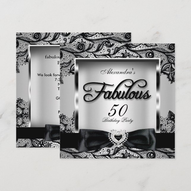 Convite Fabuloso 50 Festa Cinza Prata Damasco Preto Renda  (Frente/Verso)