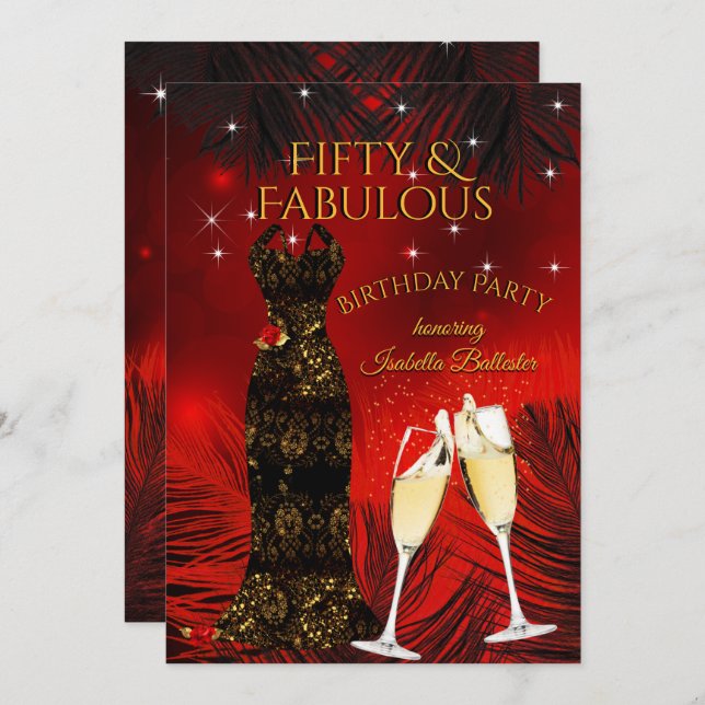 Convite Fabuloso 50 Festa de aniversário de champanhe Verm (Frente/Verso)