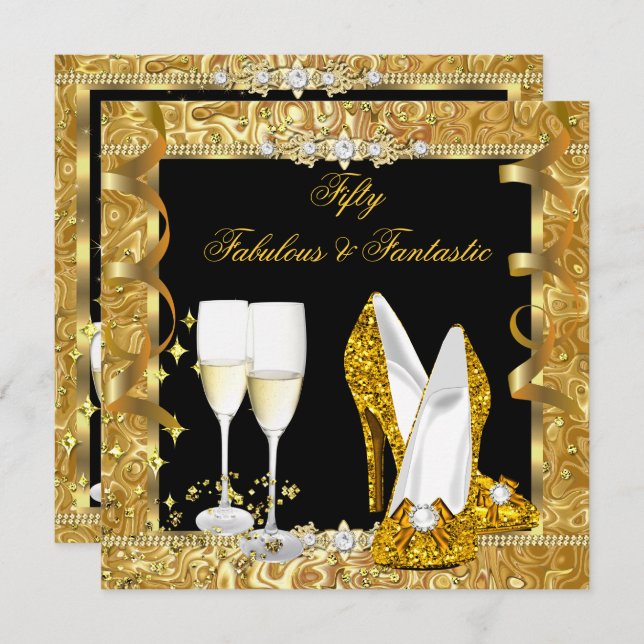 Convite Fabuloso 50 Festa de aniversário Negra Dourada Fan (Frente/Verso)