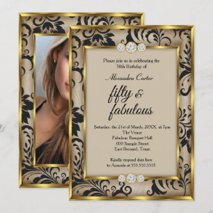 Convite Fabuloso 50 Foto Bege Preto Damasco Dourado aniver