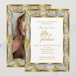 Convite Fabuloso 50 Foto Damask Dourado cinza prata aniver