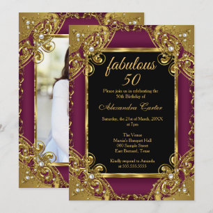 Convite Fabuloso 50 Foto Plum Dourado Pérola Festa de Aniv