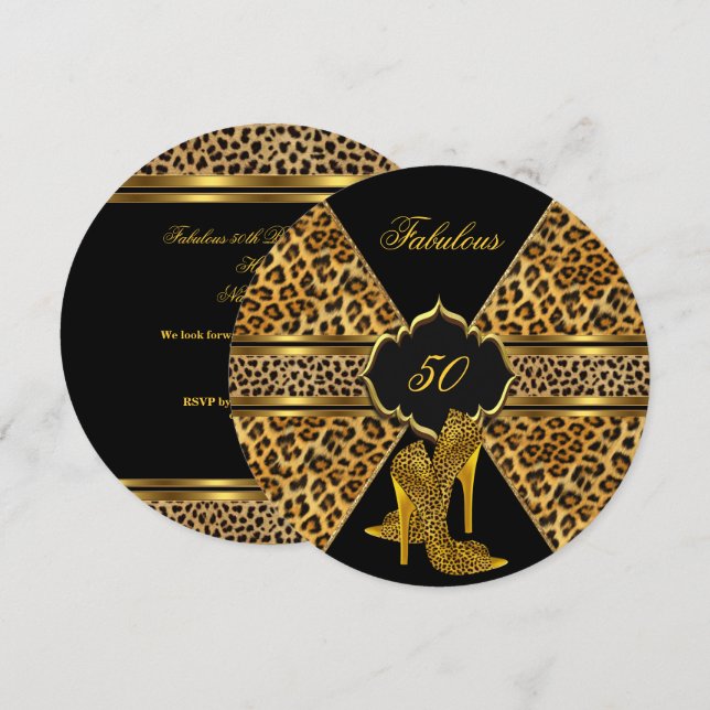 Convite Fabuloso 50 Leopardo Negro Dourado - Olá Aniversár (Frente/Verso)