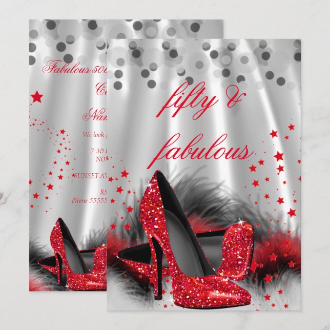 Convite Fabuloso 50 Red High Heels Prata Negra Aniversário (Frente/Verso)