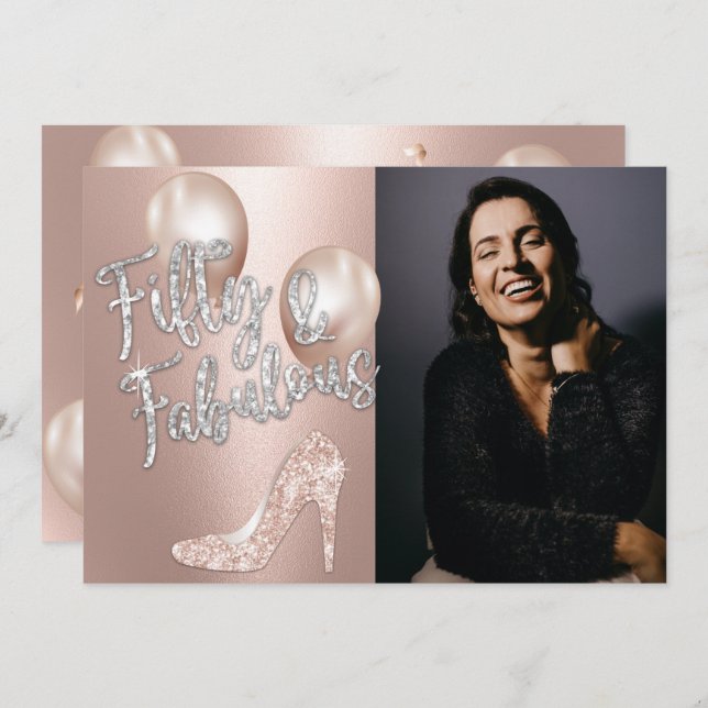 Convite Fabuloso 50 Rosa Elegante Foto Dourada 50º Anivers (Frente/Verso)