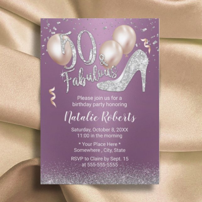 Convite Fabuloso 50 roxo moderno e prata 50º aniversário (Criador carregado)