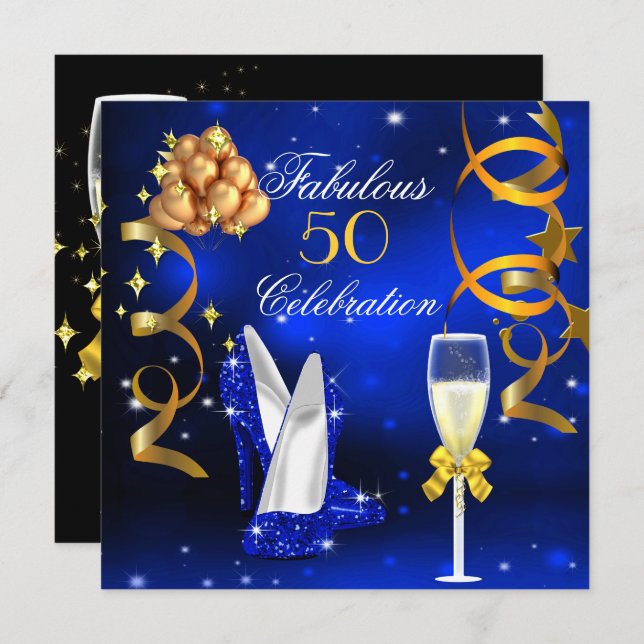 Convite Fabuloso 50 Royal Blue Dourado Heels Champagne Par (Frente/Verso)