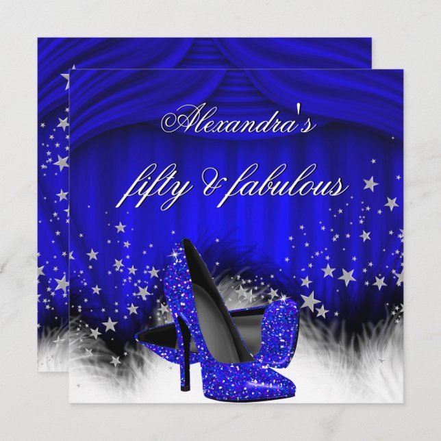 Convite Fabuloso 50 Royal Blue High Heels Feather Aniversá (Frente/Verso)