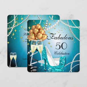 Convite Fabuloso 50 Saltos Altos Azuis Champanhe Dourada F
