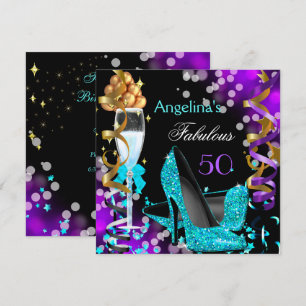 Convite Fabuloso 50 Saltos Teal Roxo Dourado Bolhas Festa