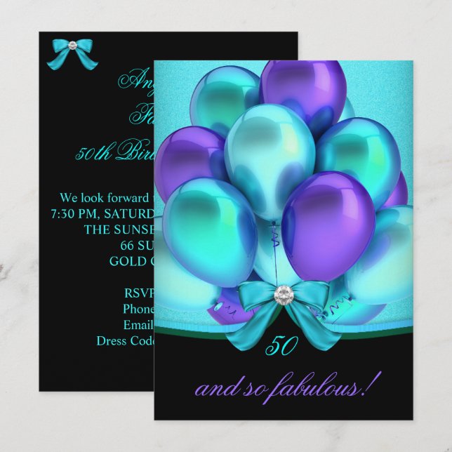 Convite Fabuloso 50 Teal Purple Balloons Party (Frente/Verso)
