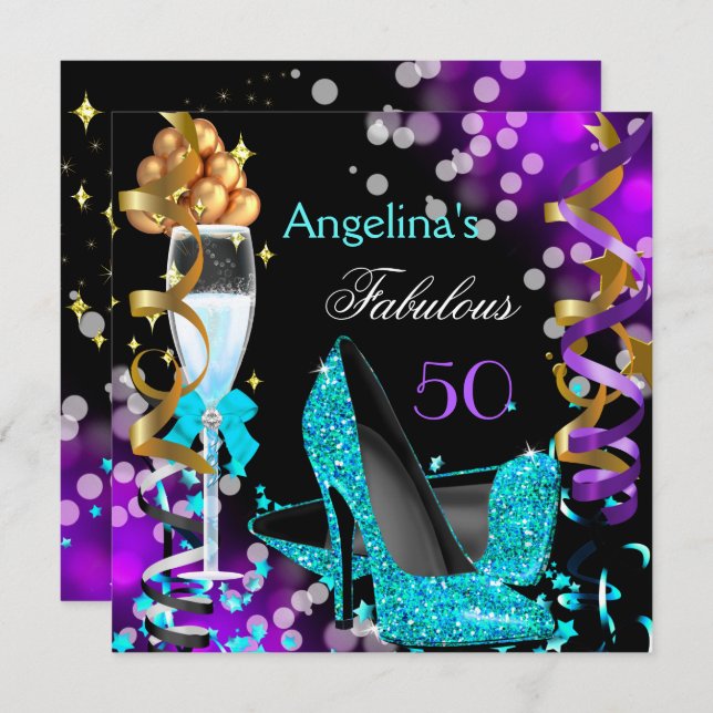 Convite Fabuloso 50 Teal Purple Heels Dourado Partido das  (Frente/Verso)