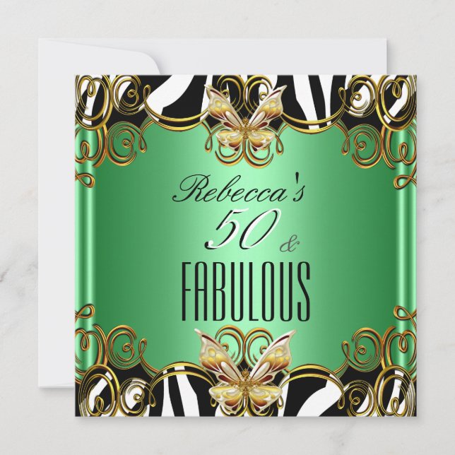 Convite Fabuloso 50 Verde Dourado Preto Branco Zebra (Frente)