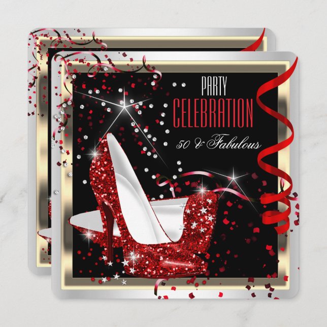 Convite Fabuloso 50 Vermelho Preto Branco 50º Festa de ani (Frente/Verso)
