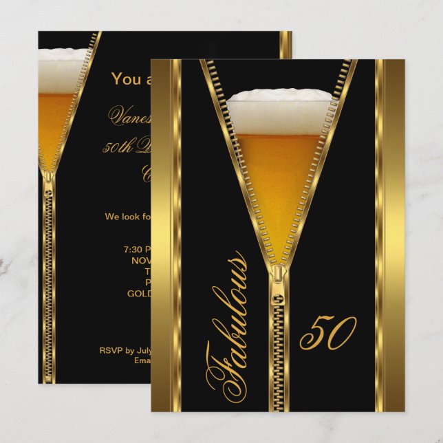 Convite Fabuloso 50 Zipper Elegante Beer Beer Beer Dourada (Frente/Verso)