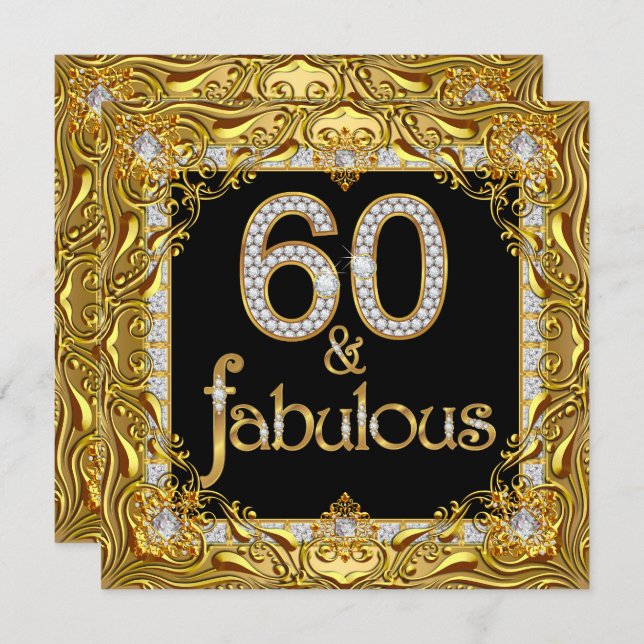 Convite Fabuloso 60 Dourado Diamond Black 60th Festa de an (Frente/Verso)