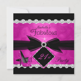 Convite Fabuloso Aniversário 21 Rosa Quente Preto Prata Fe