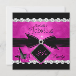 Convite Fabuloso Aniversário 21 Rosa Quente Preto Prata Fe
