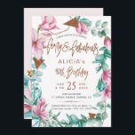 Convite Fabuloso aniversário de 40 anos floral de quarenta<br><div class="desc">Modelo de convite aniversário de 40 anos clássico romântico em um fundo branco claro (editável) com flores cor-de-rosa pinceladas, com folhagem e folhas de eucalipto verde e azul-menta e folhas de eucalipto, e com escrita tipográfica branca brilhante de cobre. Personalize-o com seus detalhes! O convite é adequado para o primavera...</div>