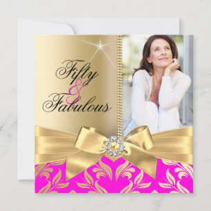 Convite Fabuloso Aniversário de 50 anos Pink Gold Leaf & B
