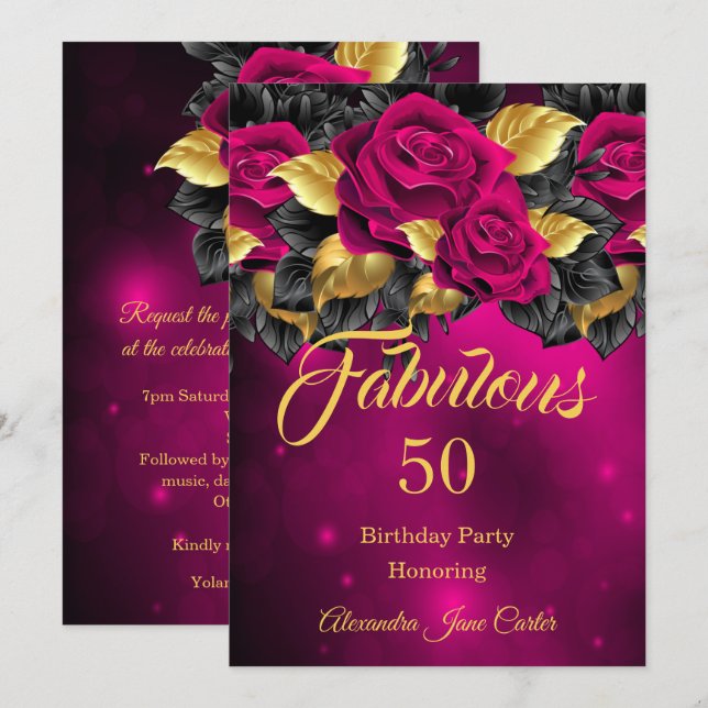Convite Fabuloso Aniversário de Qualquer Idade Rosa Escuro (Frente/Verso)