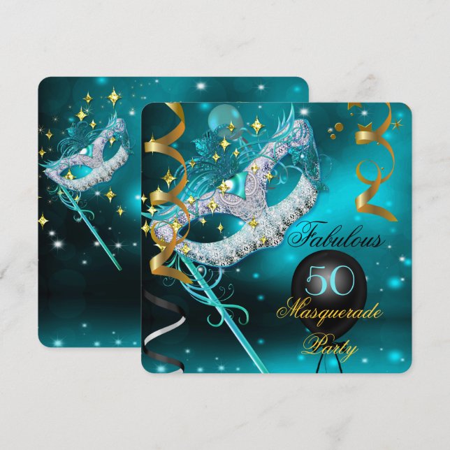 Convite Fabuloso aniversário do Teal Dourado Mascarada (Frente/Verso)