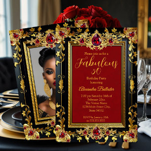 Convite Fabuloso Aniversário Elegante Foto Red Gold Black 