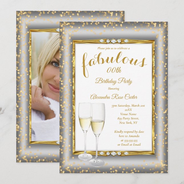 Convite Fabuloso Aniversário Foto Champanhe Prata Dourado (Frente/Verso)