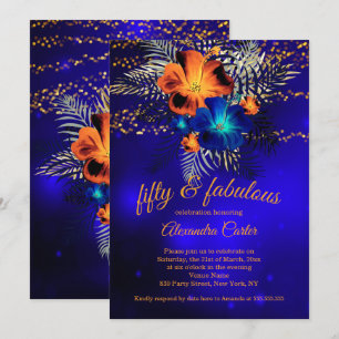 Convite Fabuloso Aniversário Hibisco Laranja Brilho Azul 5