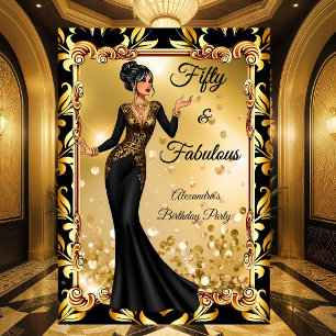 Convite Fabuloso Aniversário Vestido Preto Dourado Impress