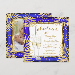 Convite Fabuloso Azul Real Dourado Palmas Champanhe Festa