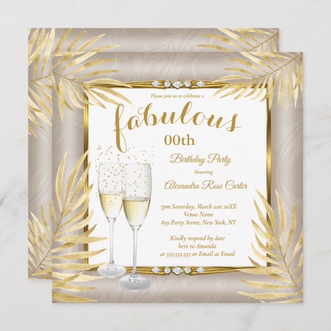 Convite Fabuloso Beige Dourado Partido Champagne Palms (Frente/Verso)