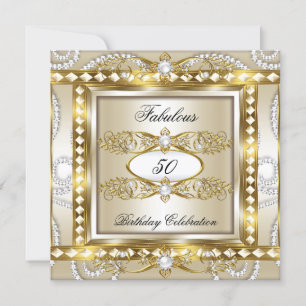 Convite Fabuloso Bolo de Aniversário Creme Pérola Dourado