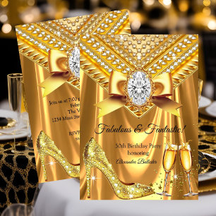 Convite Fabuloso Champagne aniversário Salto Ouro Diamante