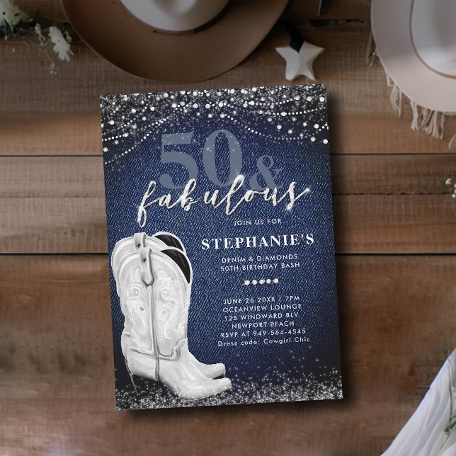 Convite Fabuloso Denim Diamantes Boot Country 50º Aniversá (50th birthday invitation women denim diamonds cowgirl boots country elegant classy chic bling glitz )