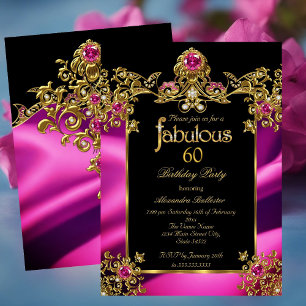 Convite Fabuloso Elegante 60º Aniversário Fuchsia Dourados
