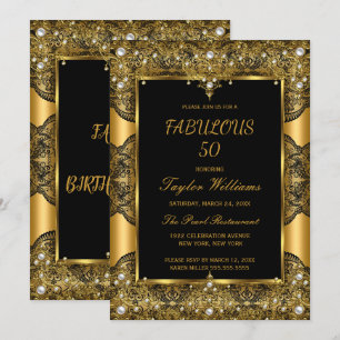 Convite Fabuloso Glamour Preto em Renda Pérolas Dourado