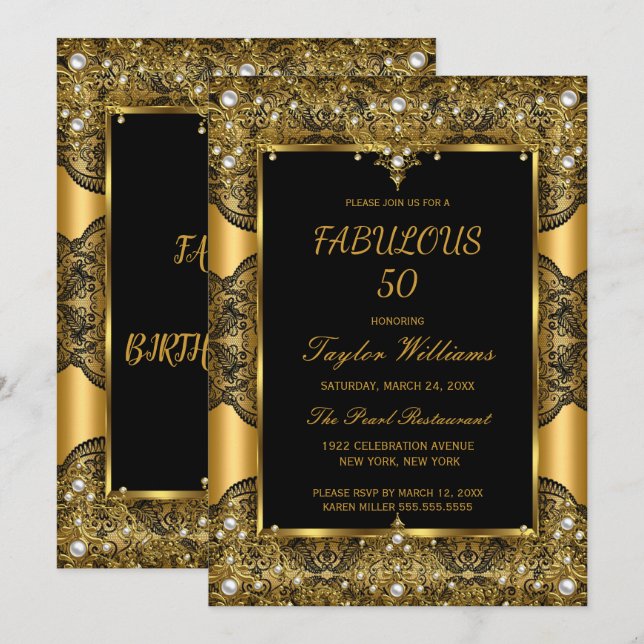 Convite Fabuloso Glamour Preto em Renda Pérolas Dourado (Frente/Verso)
