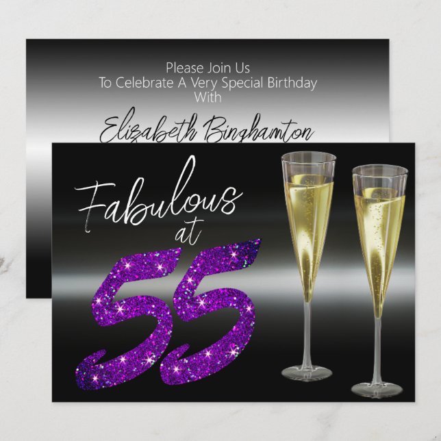 Convite Fabuloso no 55 Partido Elegante Glitter Roxo (Frente/Verso)