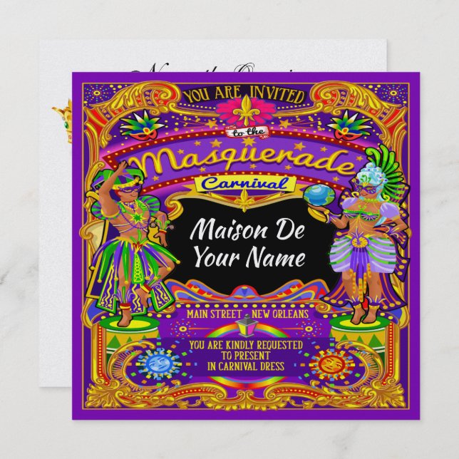 Convite FABULOSO Para Carnaval Mascarada Mardi Gra (Frente/Verso)