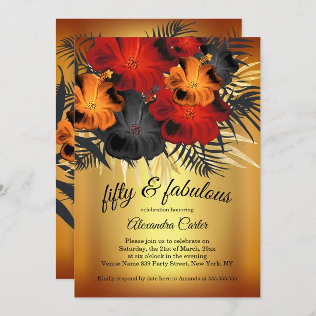 Convite Fabuloso partido 50 Dourado Red Orange Black Hibis (Frente/Verso)