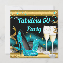 Convite Fabuloso Partido Champagne Teal Blue High Heels