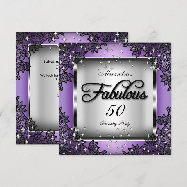 Convite Fabuloso Prata Roxo de 50 Festas Estrelas Black La (Frente/Verso)