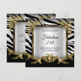 Convite Fabuloso Preto Branco Zebra Dourado Aniversário de
