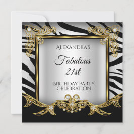 Convite Fabuloso Preto Branco Zebra Dourado Aniversário de