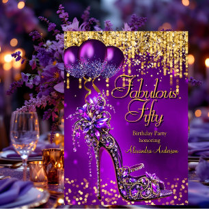 Convite Fabuloso Sapato de Salto Alto Roxo Brilho Dourado 