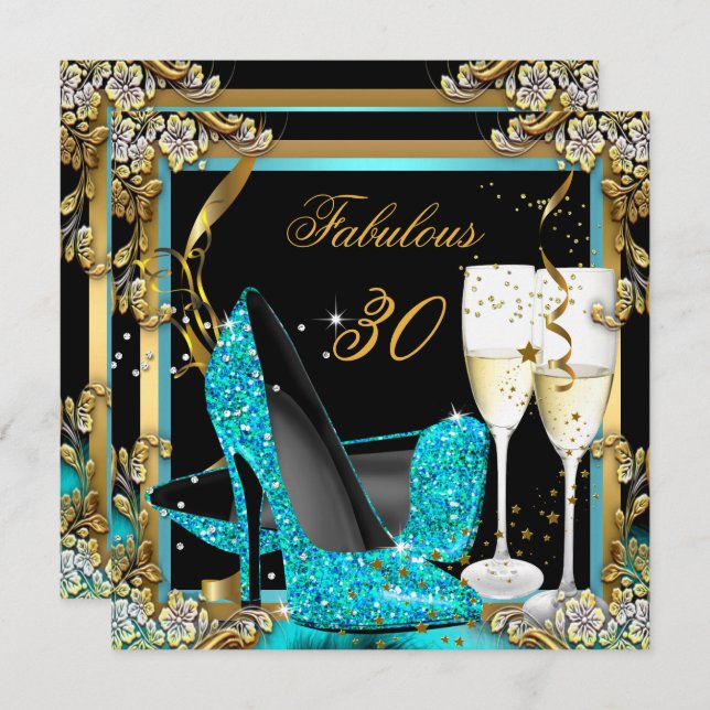Convite Fabuloso Teal Blue Heels Black Champagne Party (Frente/Verso)