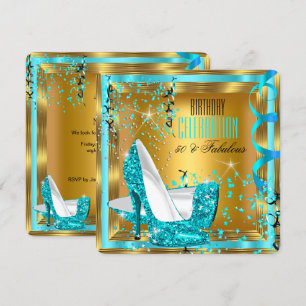Convite Fabuloso Teal de Lábio Alto Calcanhar Dourado Aniv