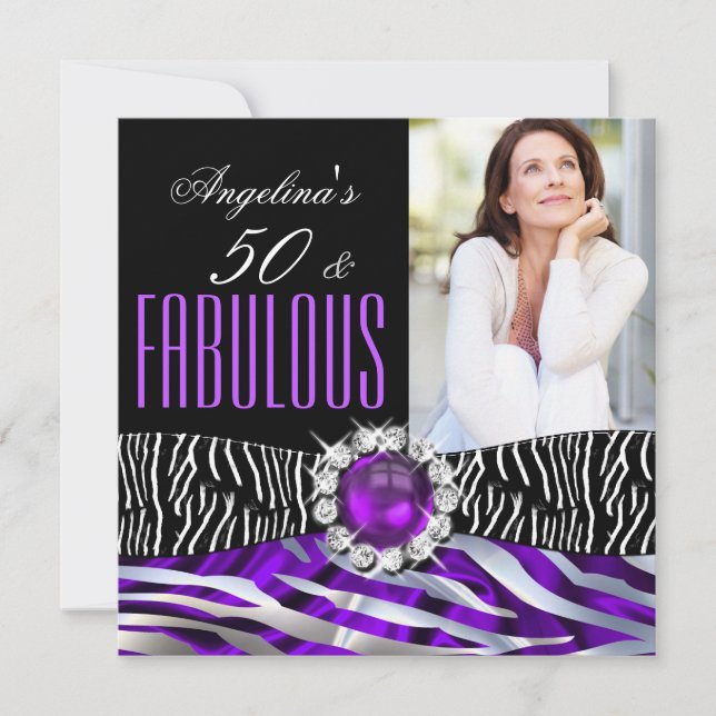 Convite Fabuloso Zebra de Seda Roxa Prata 50 Aniversário (Frente)